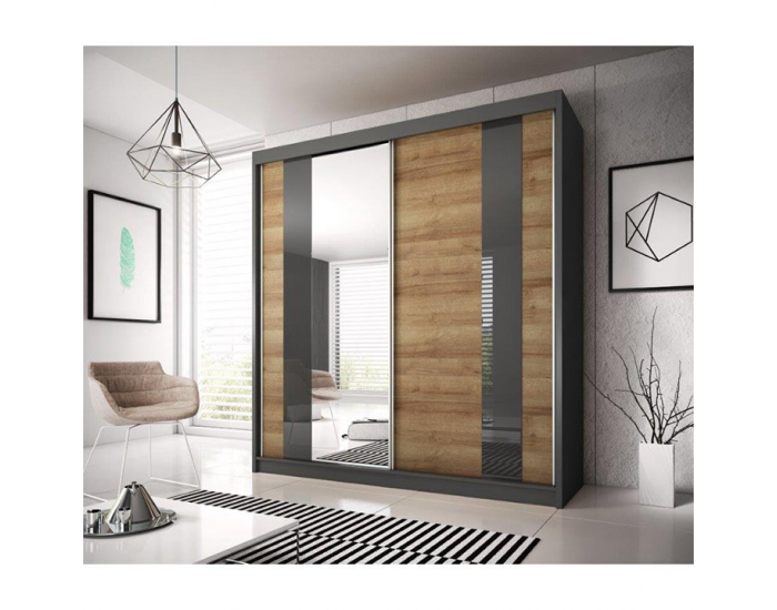 Šatníková skriňa s posuvnými dverami a zrkadlom Manno 2D - dub riviera zlatý / grafit