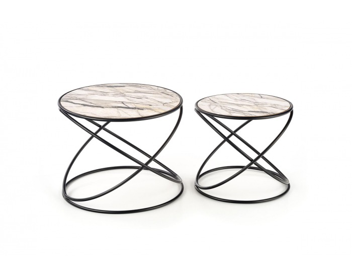 Okrúhly príručný stolík (2 ks) Susanna - biely mramor / čierna