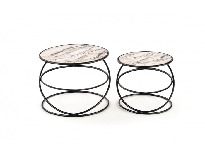 Okrúhly príručný stolík (2 ks) Susanna - biely mramor / čierna