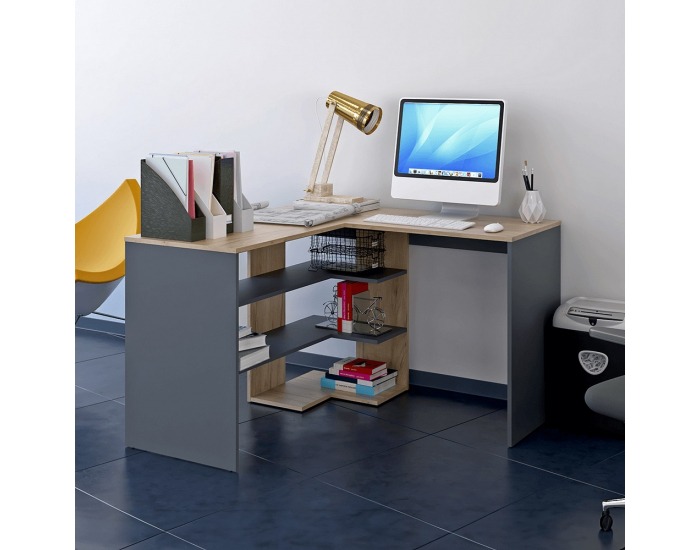 Rohový PC stôl Tamari - dub artisan / grafit