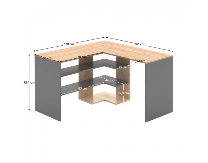 Rohový PC stôl Tamari - dub artisan / grafit