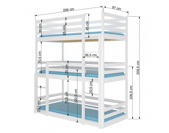 Drevená trojposchodová posteľ s matracmi Tarevo 90x200 cm - biela