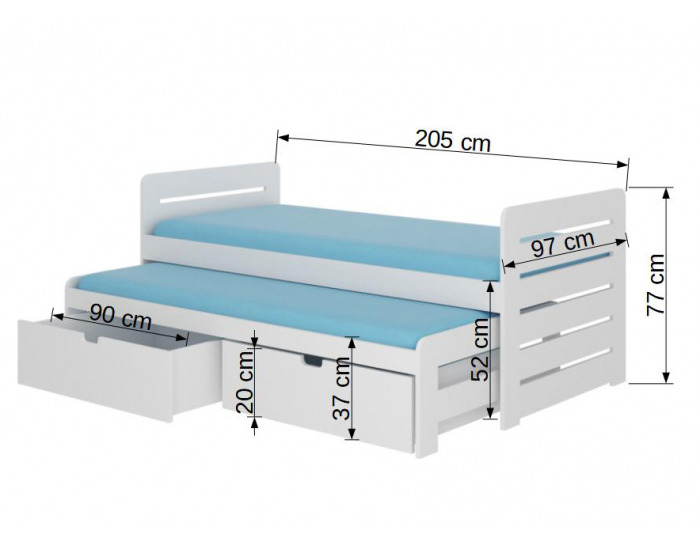 Drevená detská posteľ s prístelkou Tigris 90x200 cm - biela