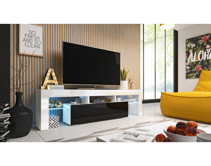 TV stolík Toro 158 - biela / biely lesk / čierny lesk