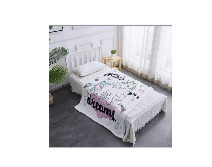 Obojstranná baránková deka Unikorn 127x152 cm - biela / vzor jednorožec