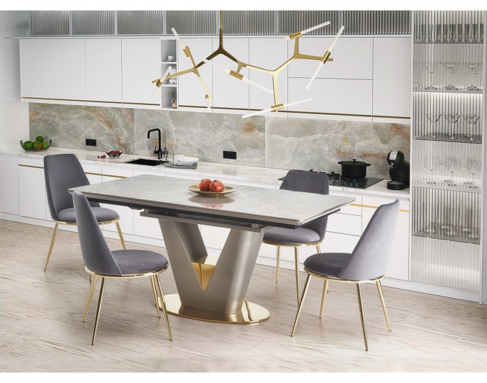 Rozkladací jedálenský stôl Valentino - svetlosivá / zlatá