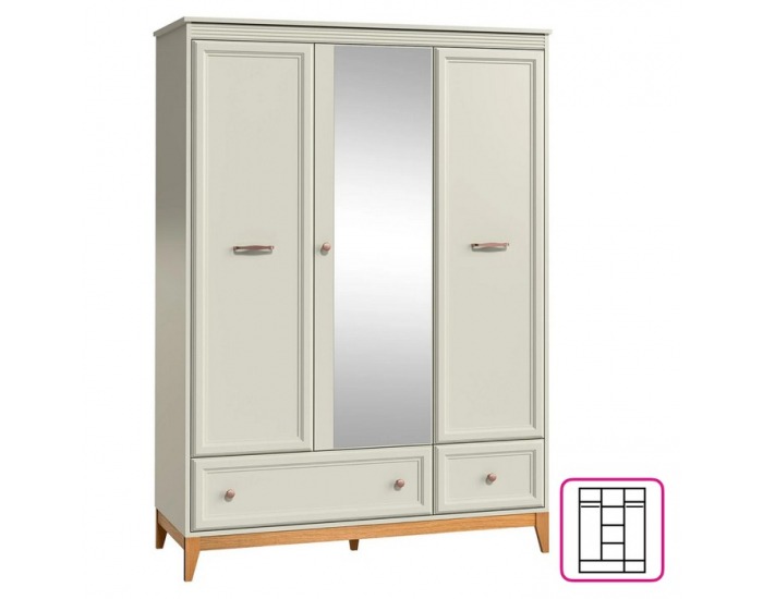 Trojdverová šatníková skriňa so zásuvkami Vendy W-15 - kašmír krémová / dub