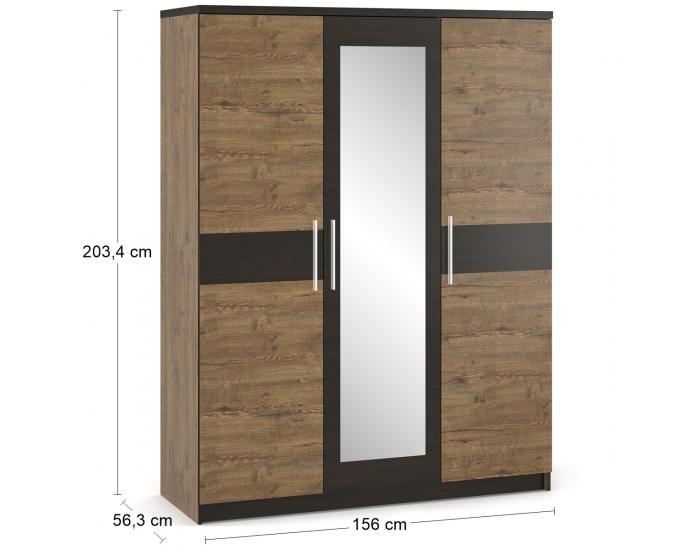 Trojdverová šatníková skriňa so zrkadlom Verify W-3D - dub april / wenge