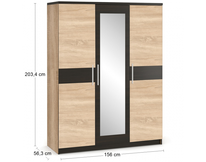 Trojdverová šatníková skriňa so zrkadlom Verify W-3D - dub sonoma / wenge