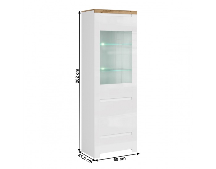 Vitrína Vilgo 1D1W1S - biely lesk / dub wotan