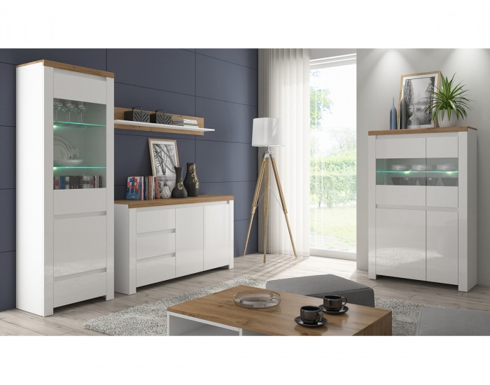 Vitrína Vilgo 1D1W1S - biely lesk / dub wotan