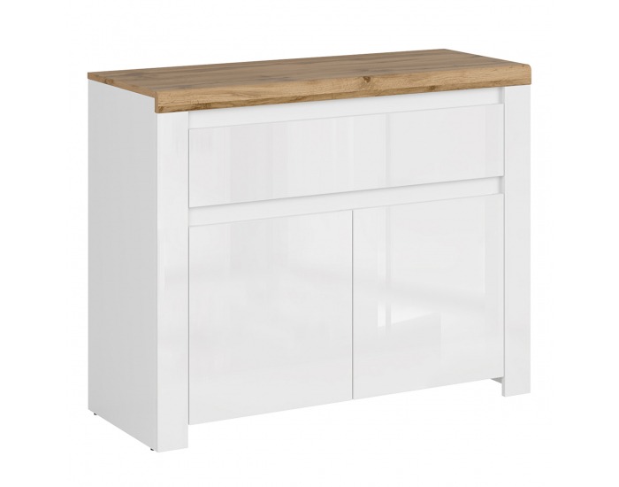 Dvojdverová komoda so zásuvkou Vilgo 2D1S - biely lesk / dub wotan