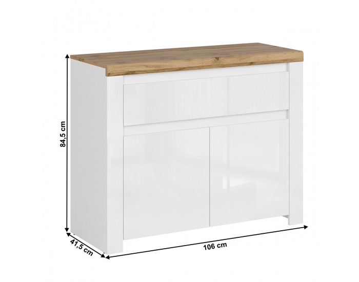 Dvojdverová komoda so zásuvkou Vilgo 2D1S - biely lesk / dub wotan