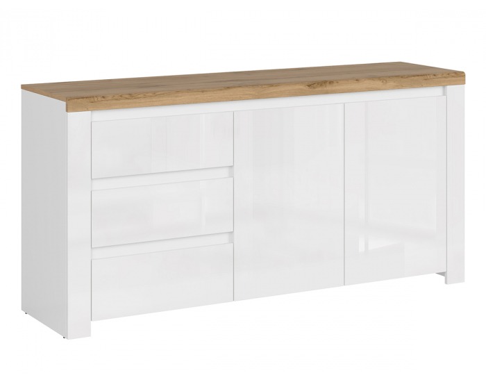 Dvojdverová komoda so zásuvkami Vilgo 2D3S - biely lesk / dub wotan