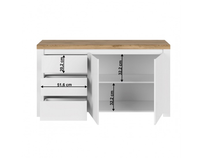 Dvojdverová komoda so zásuvkami Vilgo 2D3S - biely lesk / dub wotan