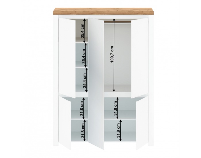 Šatníková skriňa so zrkadlom Vilgo 5D - biely lesk / dub wotan