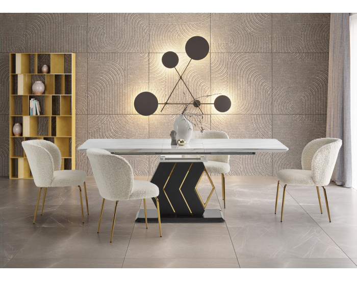 Rozkladací jedálenský stôl Vincenzo - biely mramor / čierna / zlatá