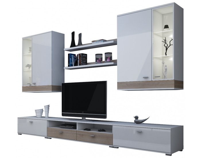 Obývacia stena Augsburg - dub sonoma / biely mat / biely vysoký lesk