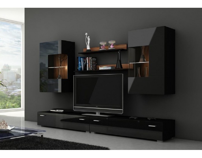 Obývacia stena Berlin - slivka / čierny mat / čierny vysoký lesk
