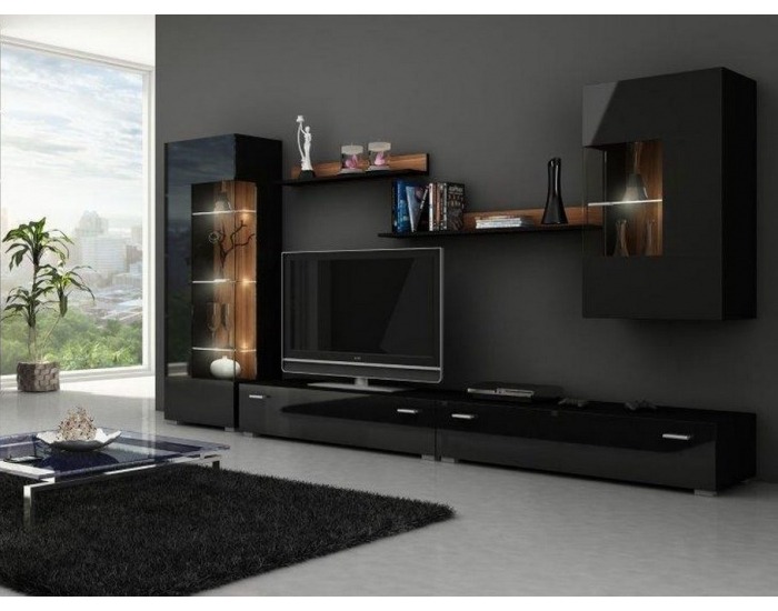 Obývacia stena Hamburg - slivka / čierny mat / čierny vysoký lesk