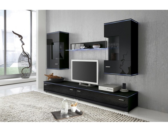 Obývacia stena Kiel - čierny mat / čierny vysoký lesk