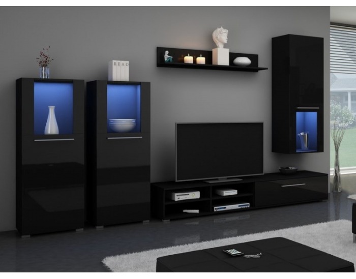 Obývacia stena Würzburg - čierny mat / čierny vysoký lesk