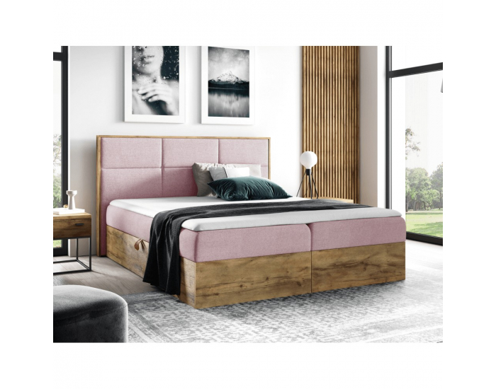 Boxspringová manželská posteľ Wood 2 160x200 cm - ružová / dub lancelot