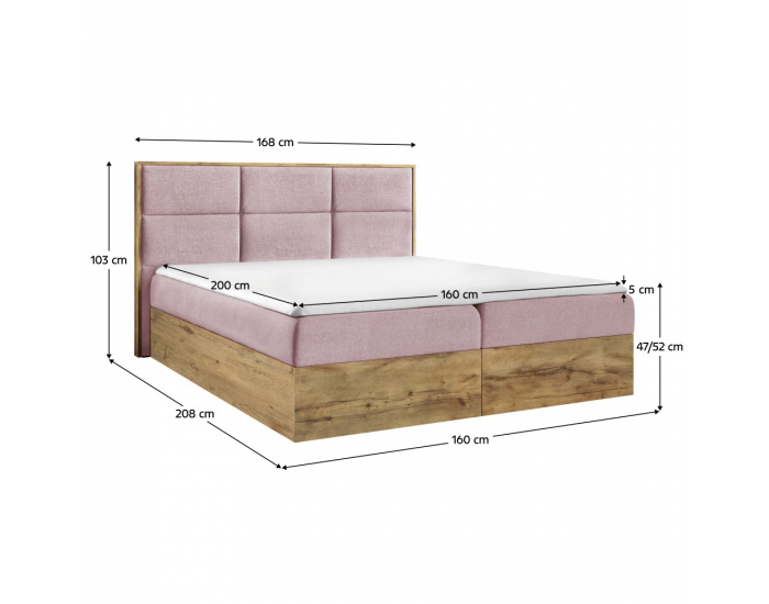 Boxspringová manželská posteľ Wood 2 160x200 cm - ružová / dub lancelot