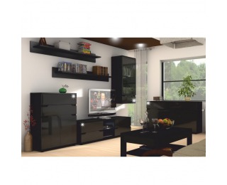 Vitrína na stenu s osvetlením Adonis AS 8 - čierna / čierny vysoký lesk