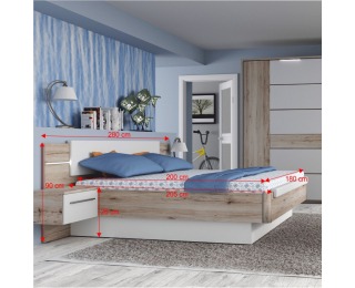 Manželská posteľ s nočnými stolíkmi a osvetlením Canbera 180 - dub bergamo / biely lesk Posteľový rám s nočnými stolíkmi a osvetlením Canbera 180 - dub bergamo / biely lesk