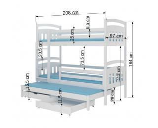 Drevená poschodová posteľ s prístelkou Arkus 90x200 cm - biela