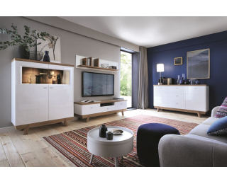 Obývacia izba s osvetlením Aspen - biely vysoký lesk / dub (Grande 01)