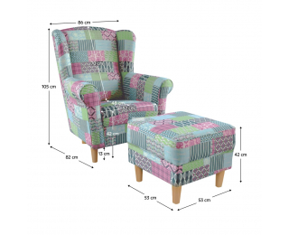 Kreslo (ušiak) s taburetkou Astrid - vzor patchwork M1