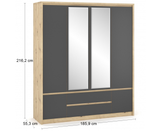 Štvordverová šatníková skriňa so zrkadlom Daicos W-4D2DRWS - dub artisan / sivá