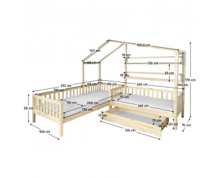 Detská posteľ s roštom pre 2 deti Enola 90x200+70x140 - prírodná