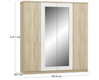 Štvordverová šatníková skriňa so zrkadlom Mateo W-4D - dub sonoma / biela