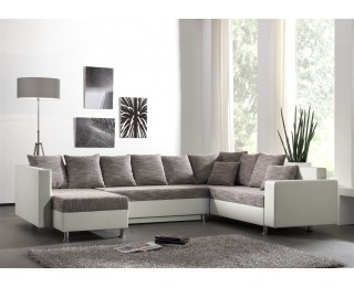 Rohová sedačka U s rozkladom a úložným priestorom Pauline - armada PU biela / lucy 1 sivá