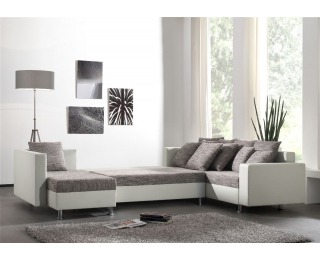 Rohová sedačka U s rozkladom a úložným priestorom Pauline - armada PU biela / lucy 1 sivá