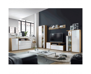 Obývacia stena Revel - biely vysoký lesk / dub artisan