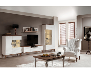 Rustikálna obývacia izba Torino - biely vysoký lesk / dub Torino