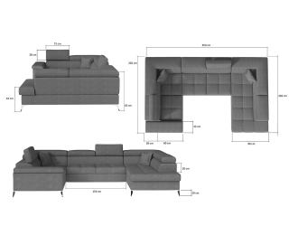 Rohová sedačka U s rozkladom a úložným priestorom Torres U L - svetlosivá / čierna