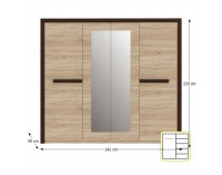 Šatníková skriňa so zrkadlom Lotos 84 4D - dub sonoma / wenge