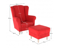 Kreslo (ušiak) s taburetkou Astrid - červená