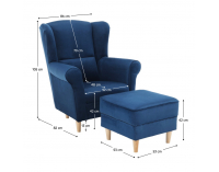 Kreslo (ušiak) s taburetkou Astrid - modrá