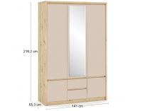 Trojdverová šatníková skriňa so zrkadlom Daicos W-3D2DRWS - dub artisan / champagne