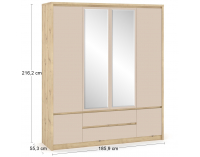Štvordverová šatníková skriňa so zrkadlom Daicos W-4D2DRWS - dub artisan / champagne