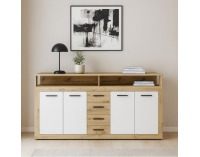 Štvordverová komoda so zásuvkami Lunysa - dub artisan / biela