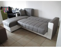 Rohová sedačka s rozkladom a úložným priestorom Denver SR - biela ekokoža / sivý šenil