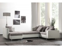 Rohová sedačka U s rozkladom a úložným priestorom Pauline - armada PU biela / lucy 1 sivá