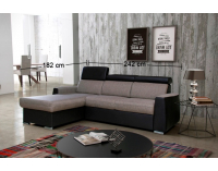 Rohová sedačka s rozkladom a úložným priestorom Nova L/P - šenil béžový / čierna ekokoža